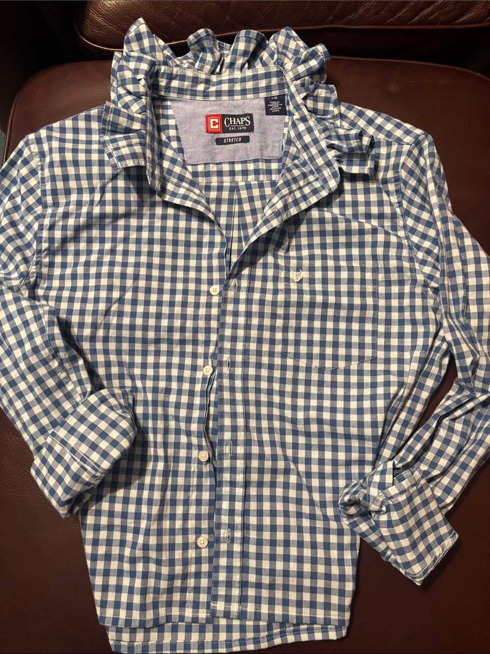 Chaps Womens Blue & White Gingham Button-Down Ruffel hand made shirt